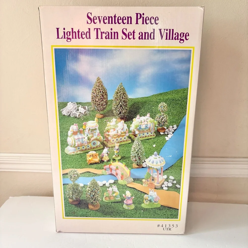 Vintage Easter‎ 17pc Ceramic Lighted Train Set & Village